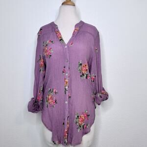 Fig & Flower Womens Button Down Long‎ Sleeve Top Size L (M) Purple Embroidered